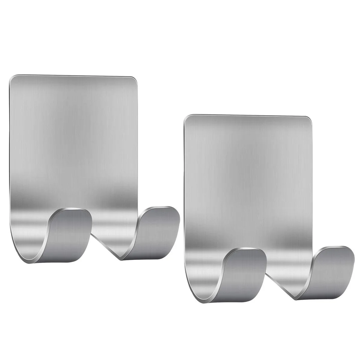 Two brushed stainless steel adhesive hooks with smooth rounded form