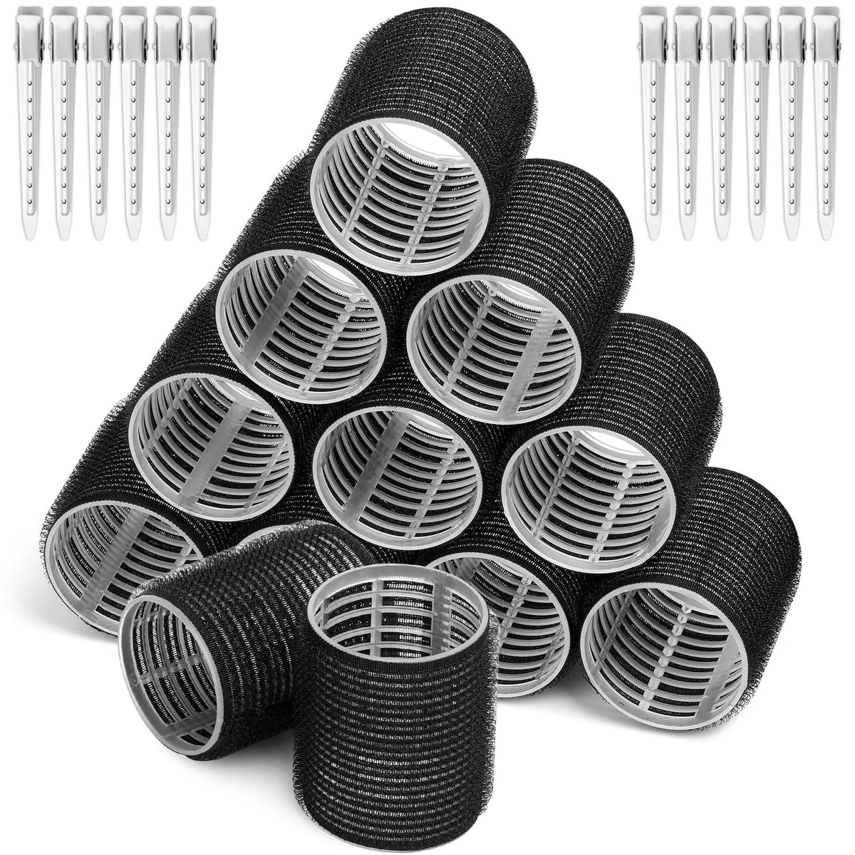 Black self-grip hair rollers with stainless steel duckbill clips, 24-piece set