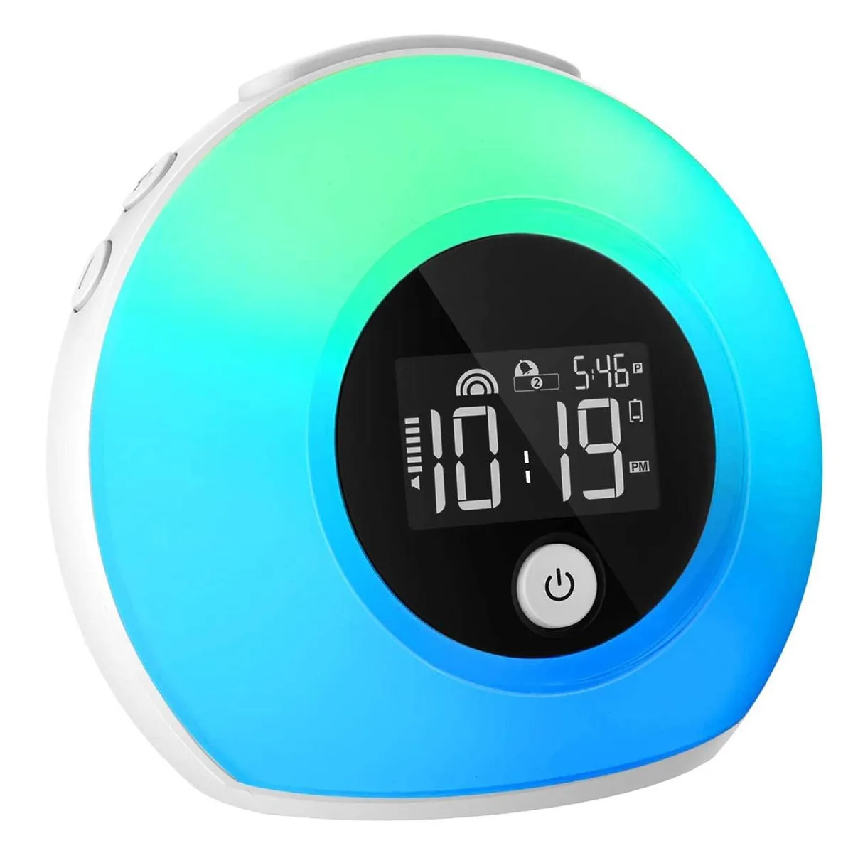 Black semicircular sunrise alarm clock with Bluetooth speaker, flat digital display on curved front