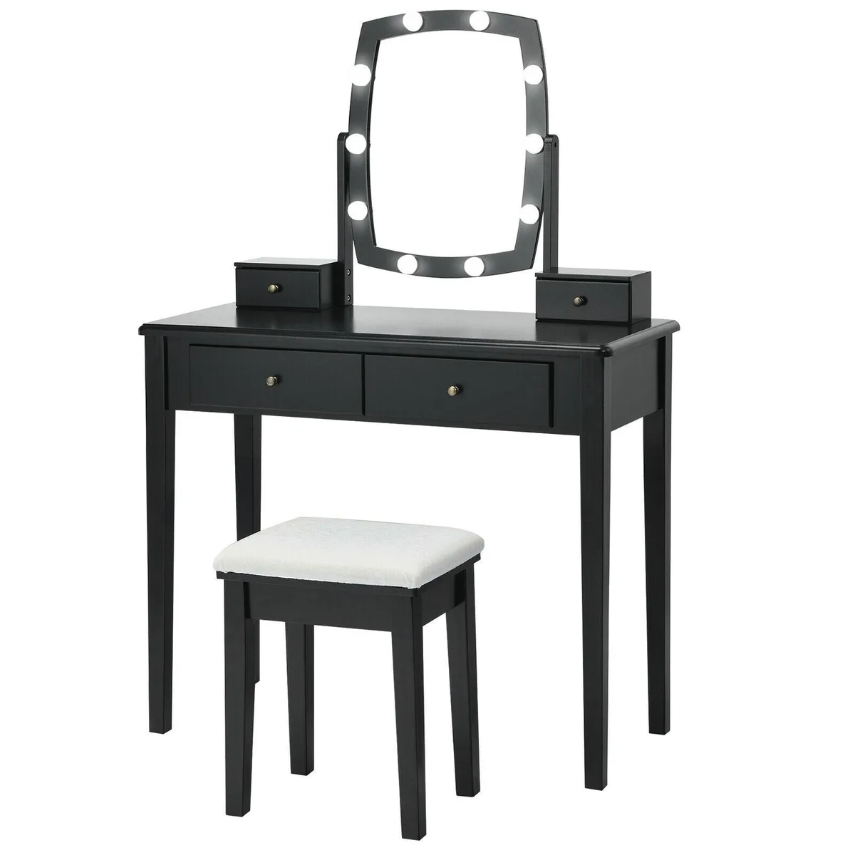 Black vanity table with 360 reversible mirror, ten bulbs, four drawers, padded stool