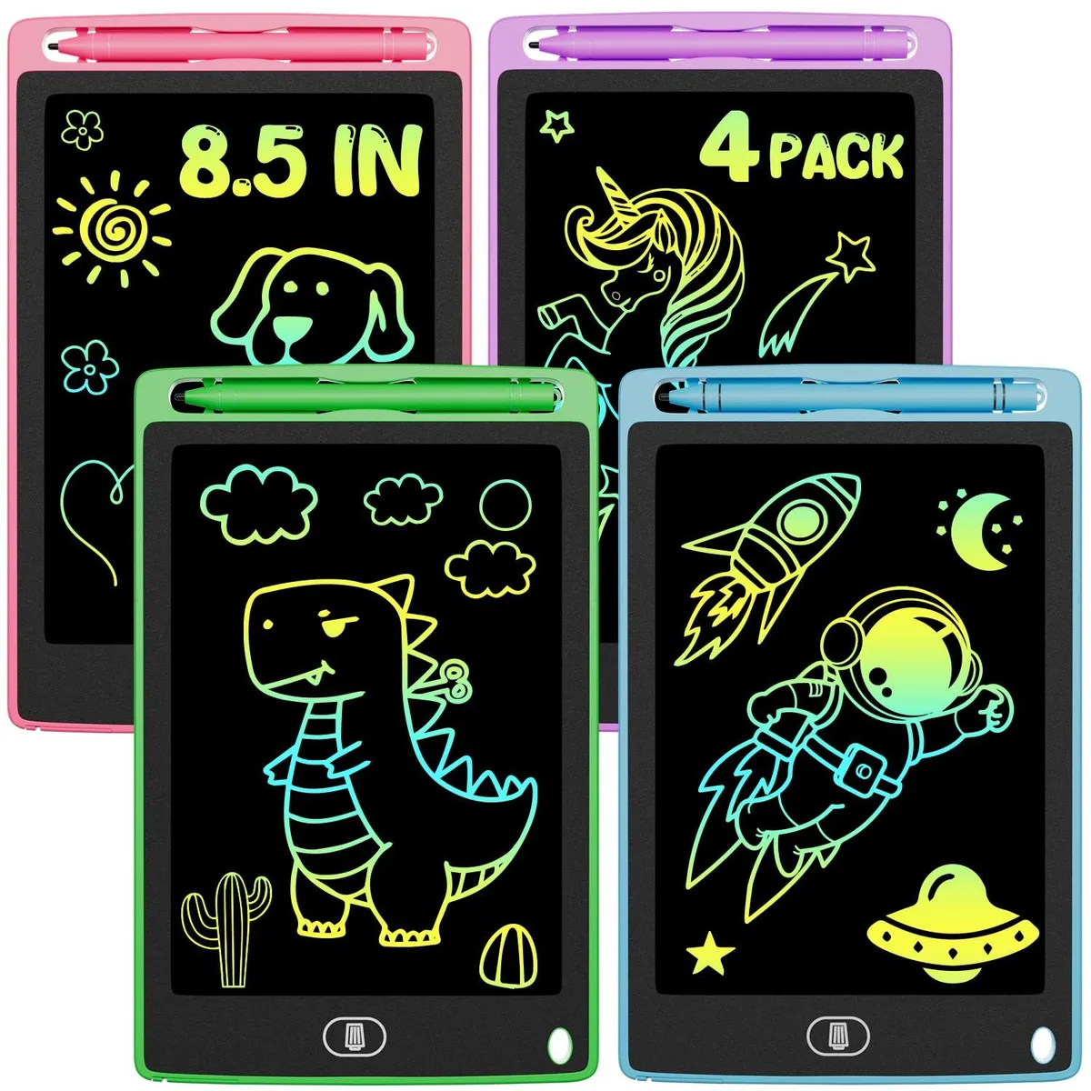 Four 8.5 inch LCD writing tablets in blue, green, pink and purple with stylus holders