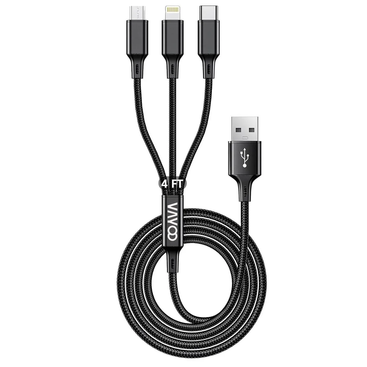 Black nylon-braided 4ft USB cable with three connectors: Type-C, Micro-USB and Lightning