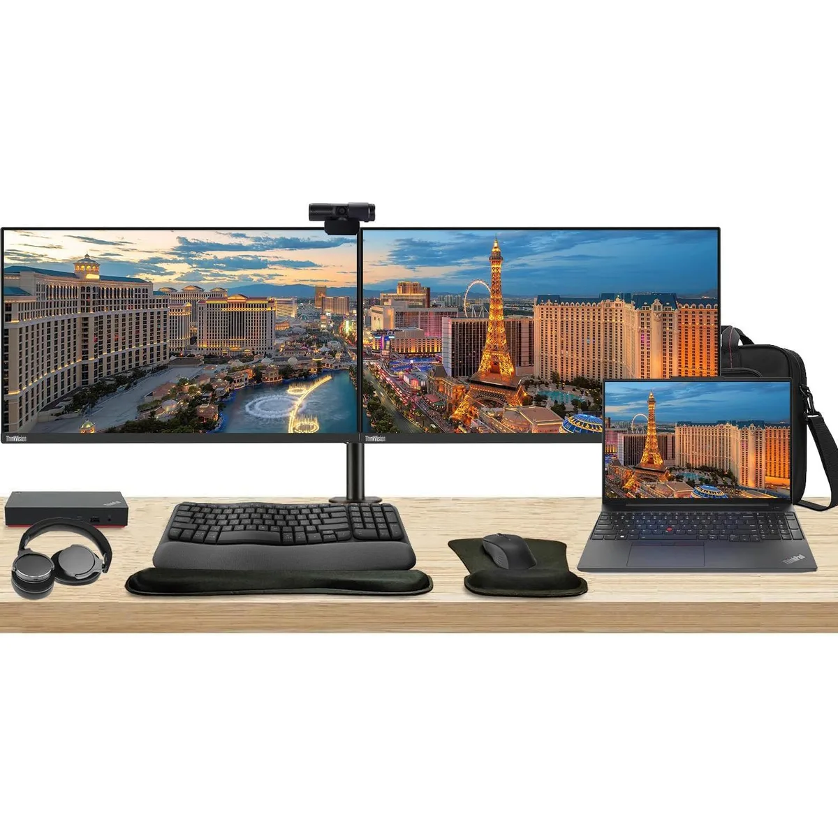 Lenovo Lenovo E16 16" Ryzen 5 7530U 16GB 256GB SSD Bundle 2×27" Monitors Dock MK670 Webcam Headphones Bag — product photo