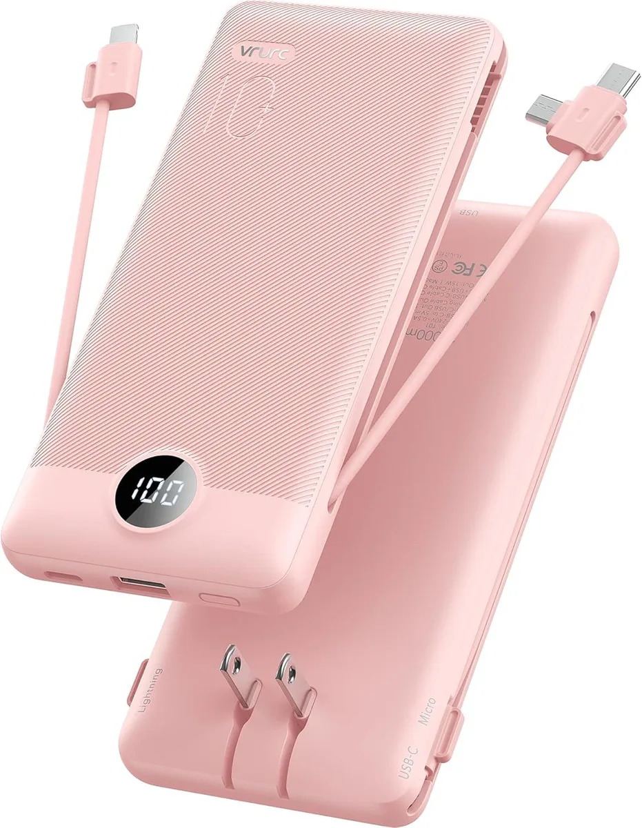 lelisten lelisten 10000mAh Power Bank Built-in Cables AC Plug Pink — product photo