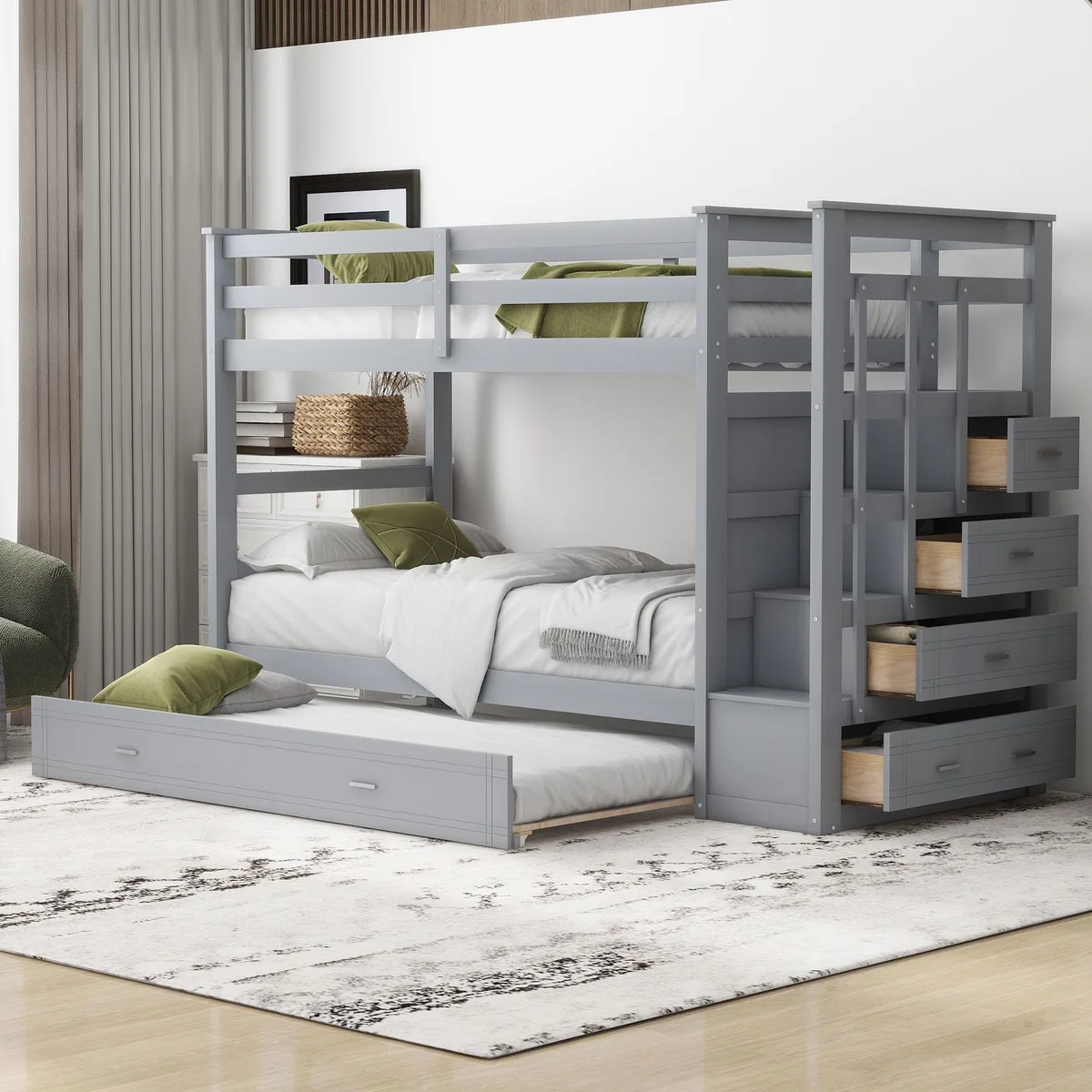 tuphen tuphen Twin Over Twin Bunk Bed with Trundle and Staircase, Gray — product photo
