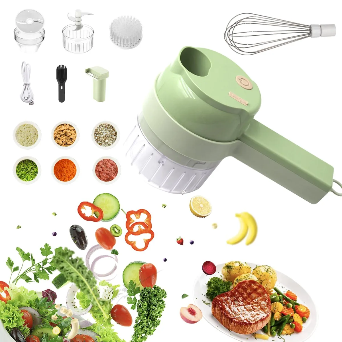 Compact white wireless food processor with detachable blades and whisk attachment