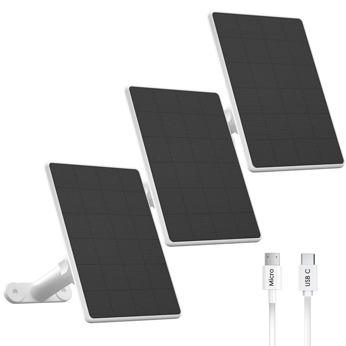 Three black rectangular solar panels with adjustable mounts and long cables