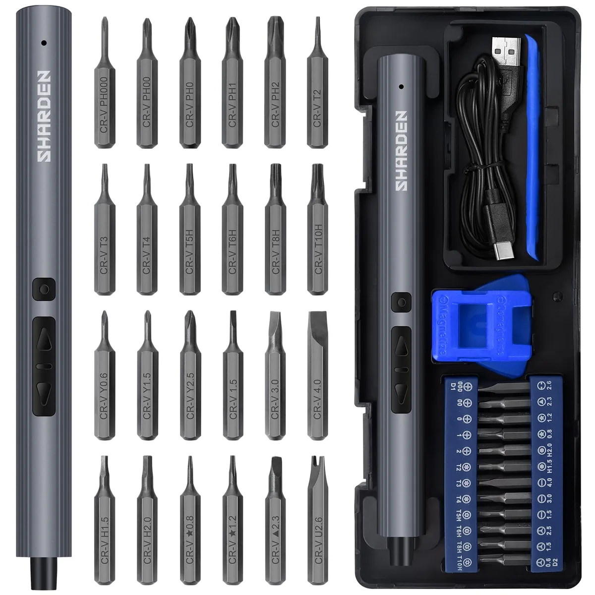 Blue mini electric screwdriver with 29-piece kit in portable case