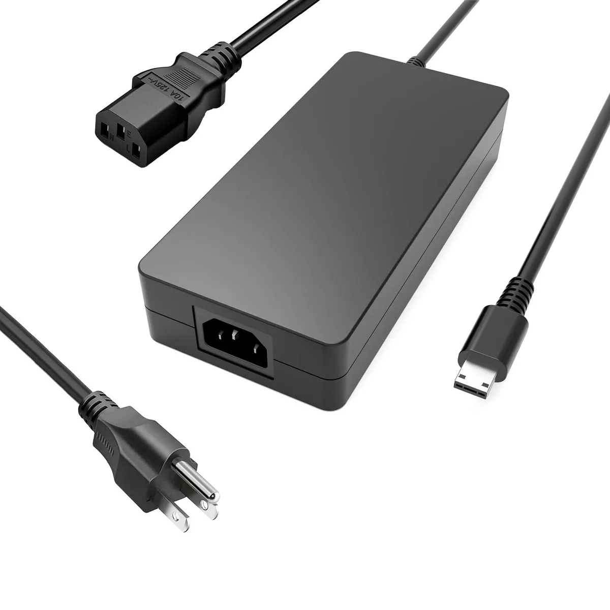 Black rectangular power brick with square tip connector and detachable mains lead