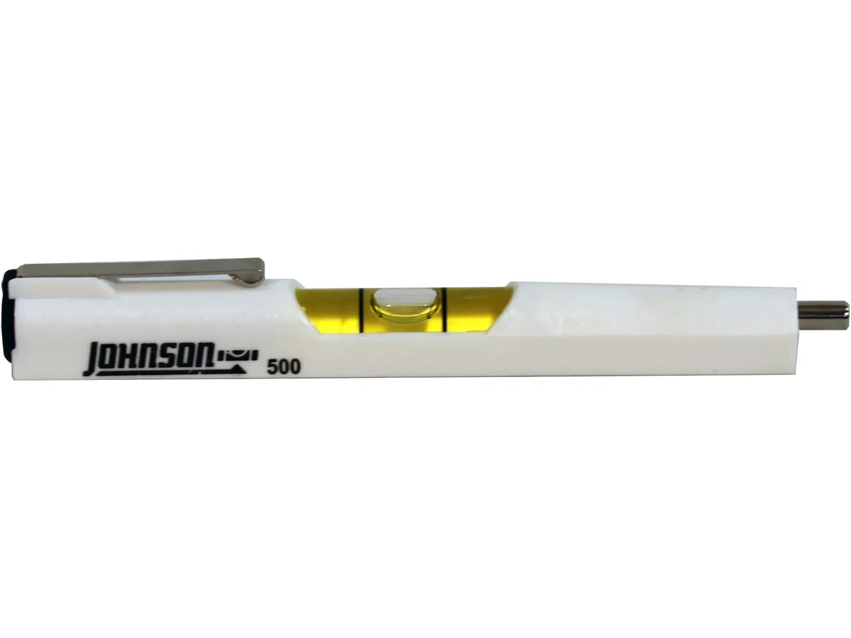 Small white plastic pocket level with clip and single vial