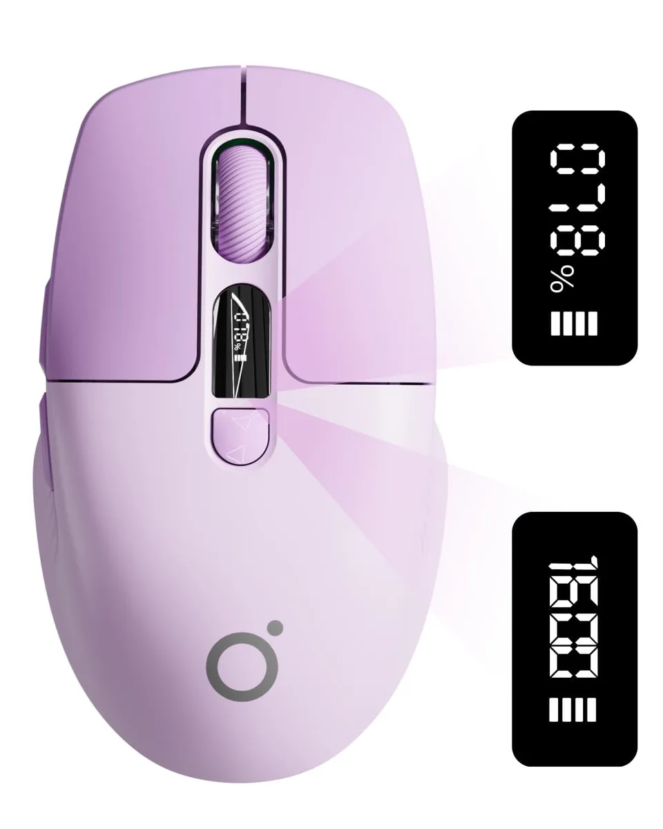 Purple wireless mouse with built-in LED screen showing battery and DPI