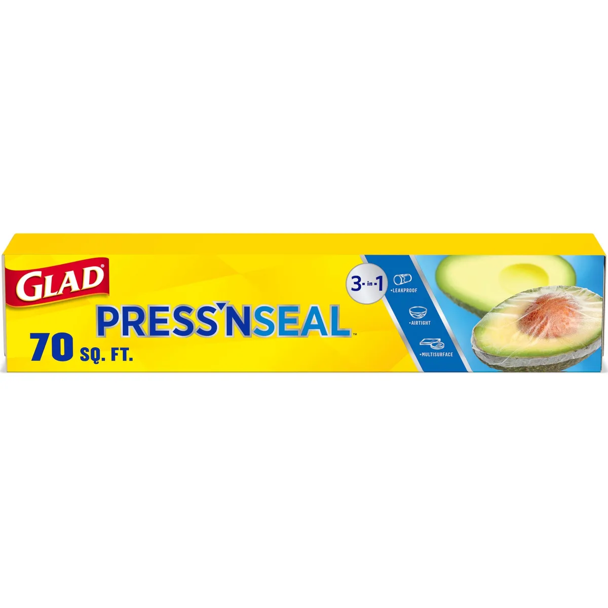 Transparent blue plastic food wrap roll in rectangular cardboard box