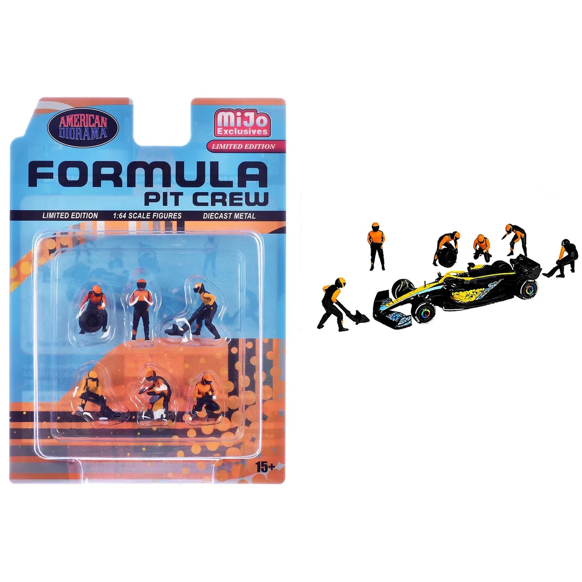 American Diorama American Diorama Formula Pit Crew Team Orange 6-Figure Diecast Set 1/64 Scale — product photo