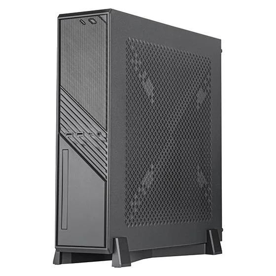 Black Mini-ITX case with steel body and plastic bezel, side window, removable panels, horizontal or vertical orientation