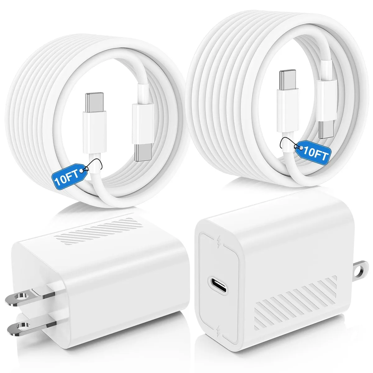 Two white 40W USB-C chargers with 10ft cables