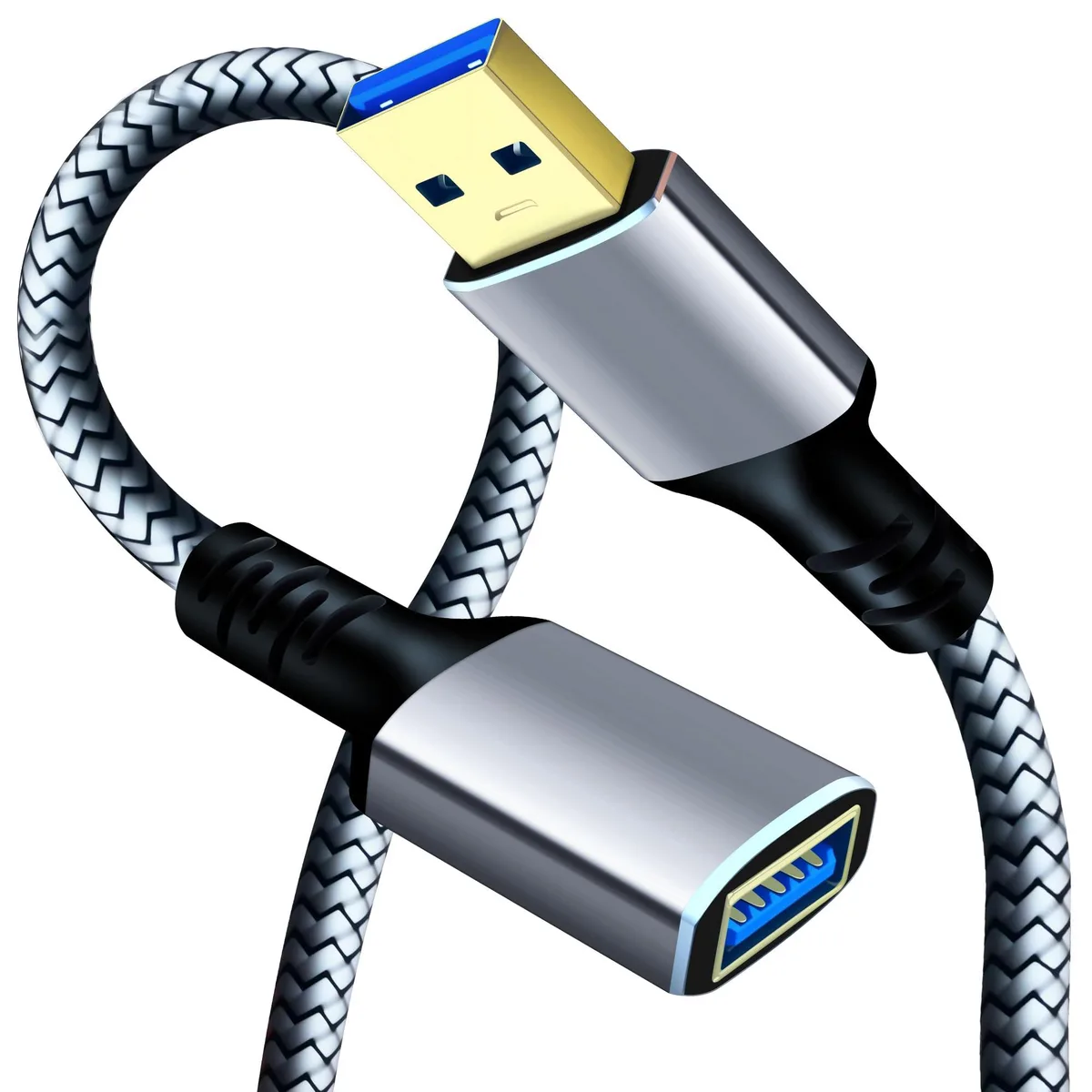 Silver braided USB 3.0 Type-A male-to-female extension cable, six feet long