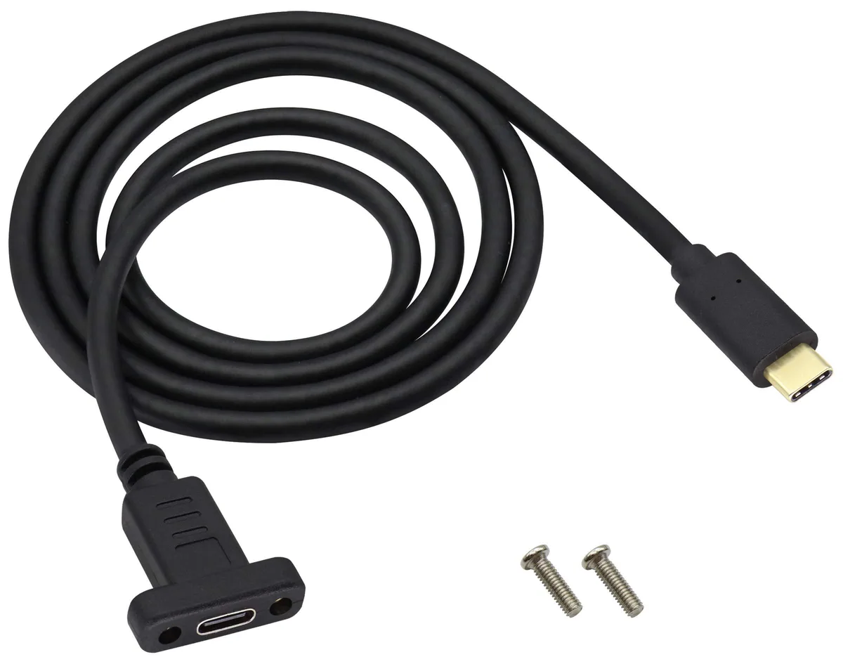 Black USB-C panel-mount cable with male and female screw-hole connectors