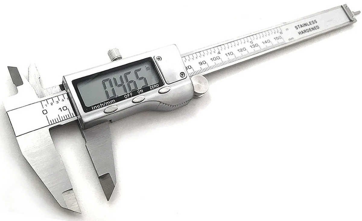 Stainless steel digital caliper with silver finish and LCD display