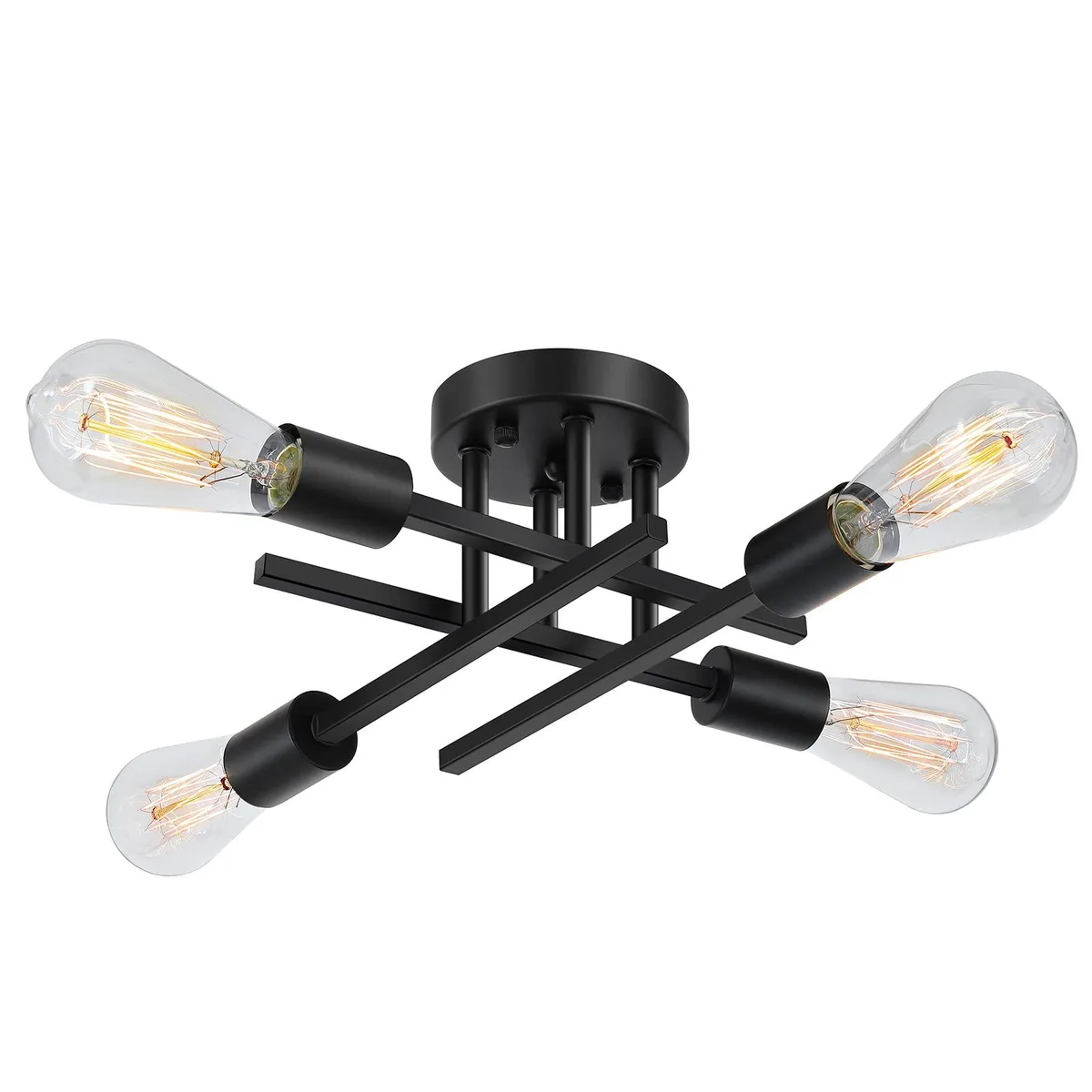 Matte black four-light semi-flush ceiling fixture with clear prismatic glass shades