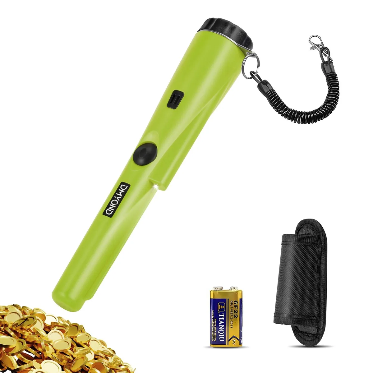 Hand-held metal detector pinpointer with bar probe, black finish, waterproof tip, includes 9V battery