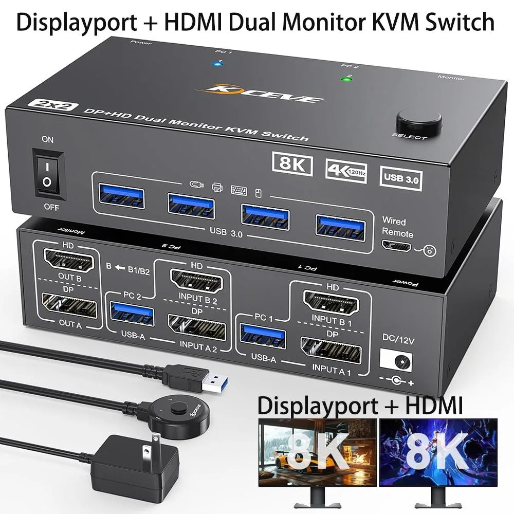 Hitoor Hitoor 8K@60Hz/4K@144Hz Dual Monitor HDMI DP KVM Switch — product photo