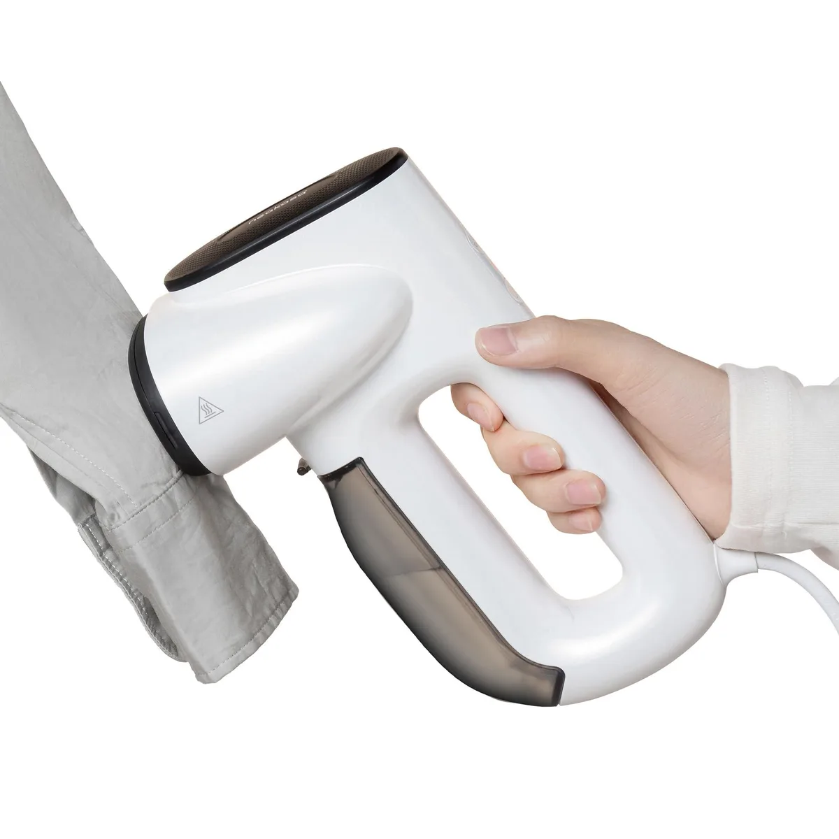 White handheld vacuum steamer with water tank, compact upright shape