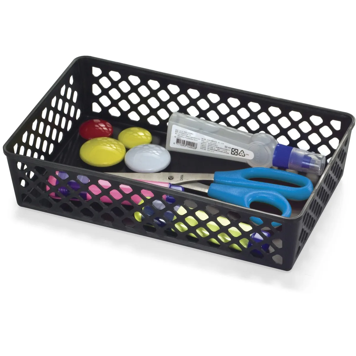 Black rectangular plastic storage basket open top 22 count