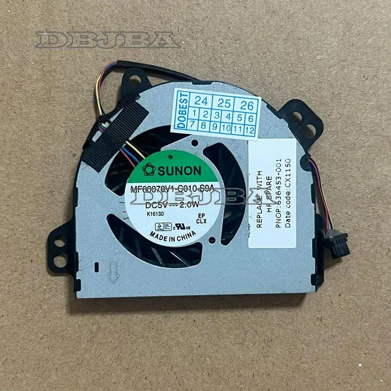 Small black laptop CPU cooling fan with plastic housing and wire connector
