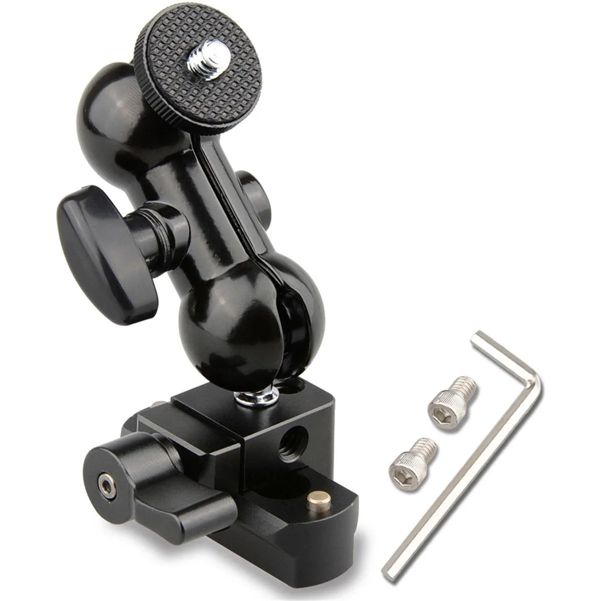 Compact black NATO rail mini ball head with wingnut clamp, CNC metal body, 360-degree rotation