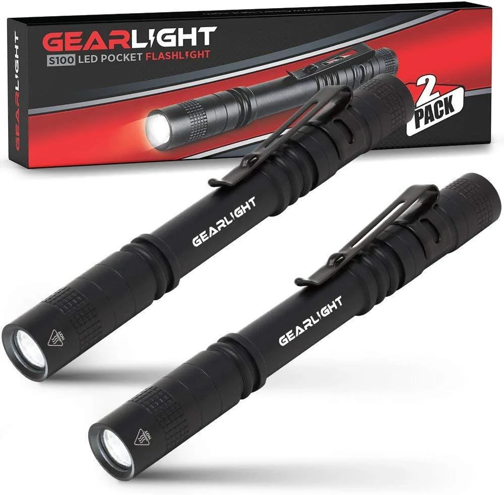 Two slim aluminium pen lights with pocket clips, matte finish