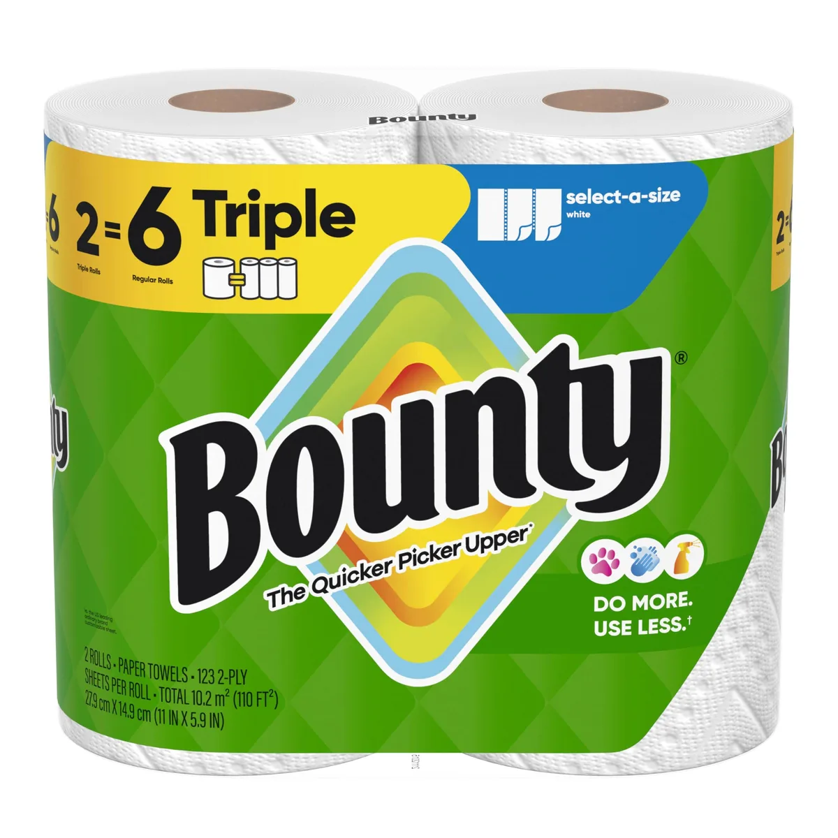 White plastic pack of three Bounty Select-A-Size paper towel triple rolls