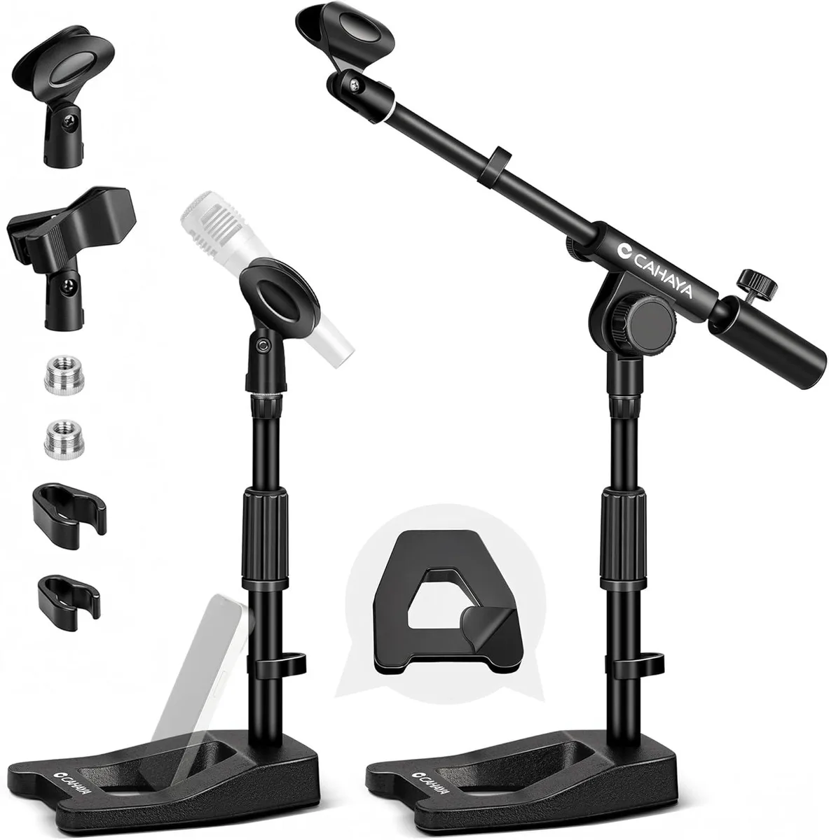 Black metal desktop microphone stand with weighted A-frame base, adjustable boom arm and two mic clips