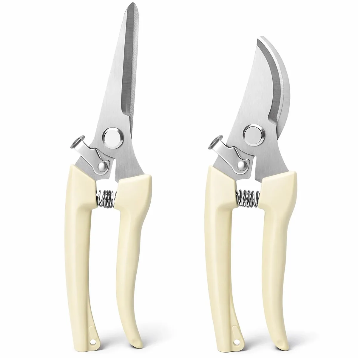 Two pruning shears, one straight and one curved blade, stainless steel with ergonomic non-slip handles
