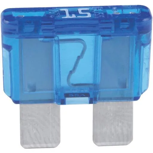 Two blue plastic blade fuses with transparent tops
