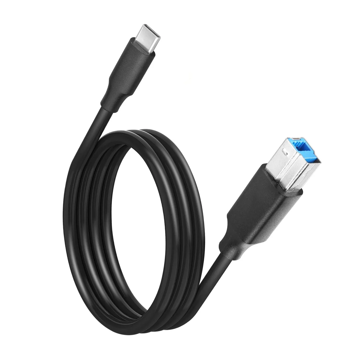A 3.3ft USB C to USB B 3.1 cable with gold connectors and a flexible jacket