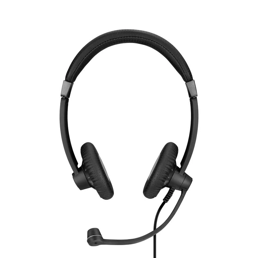 Black double-sided headset with flexible boom microphone and inline controls