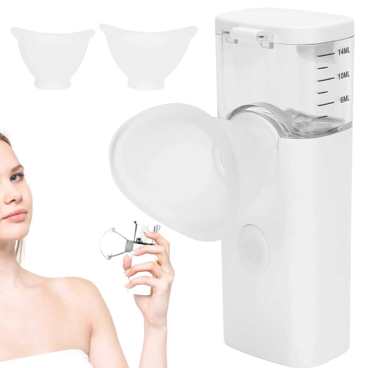 White handheld eye humidifier with silicone eye cup and mist nozzle