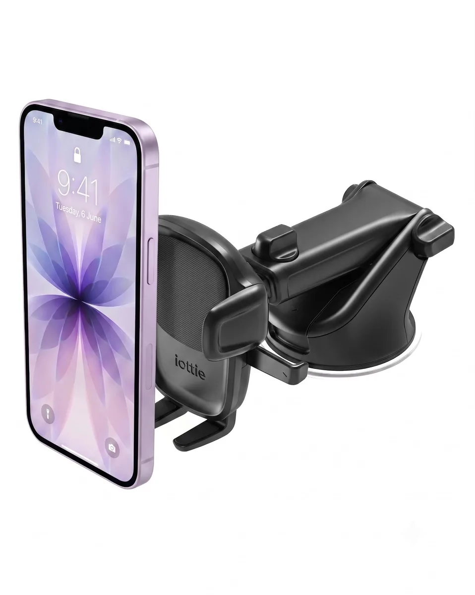 Black dashboard phone mount with suction cup, telescopic arm and adjustable cradle