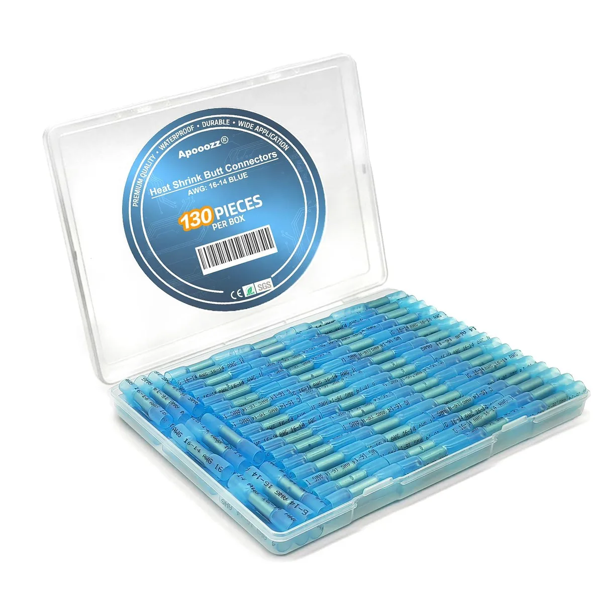 Blue heat-shrink butt connectors 130 pcs AWG 16-14 tinned copper 0.7 mm