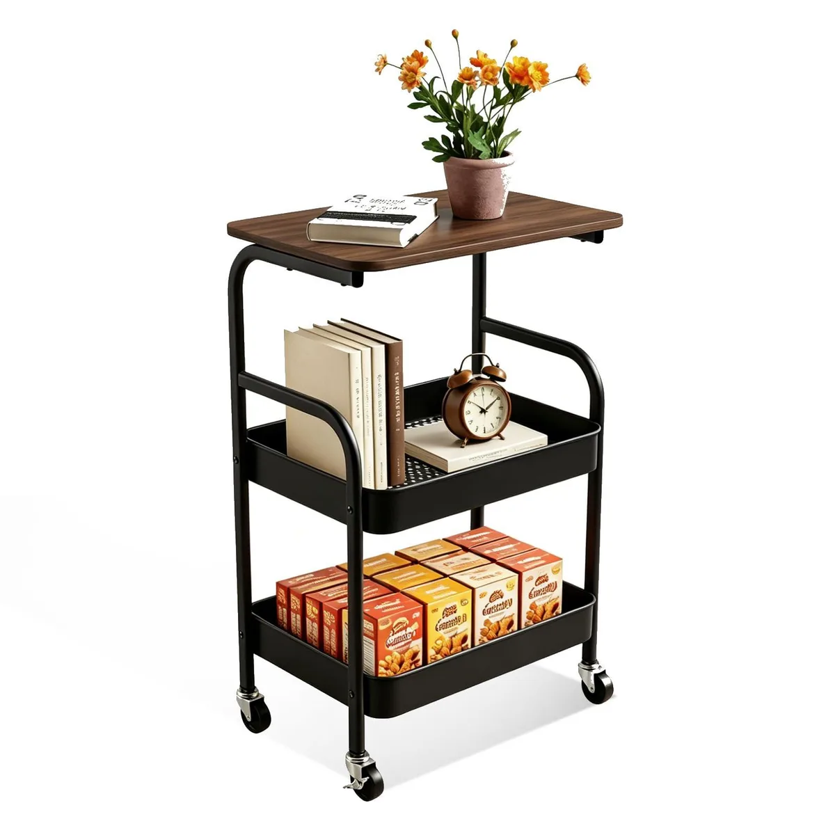  BEABOY KX-RC-Black 3-Tier Rolling Cart with Walnut Top (Black) — product photo