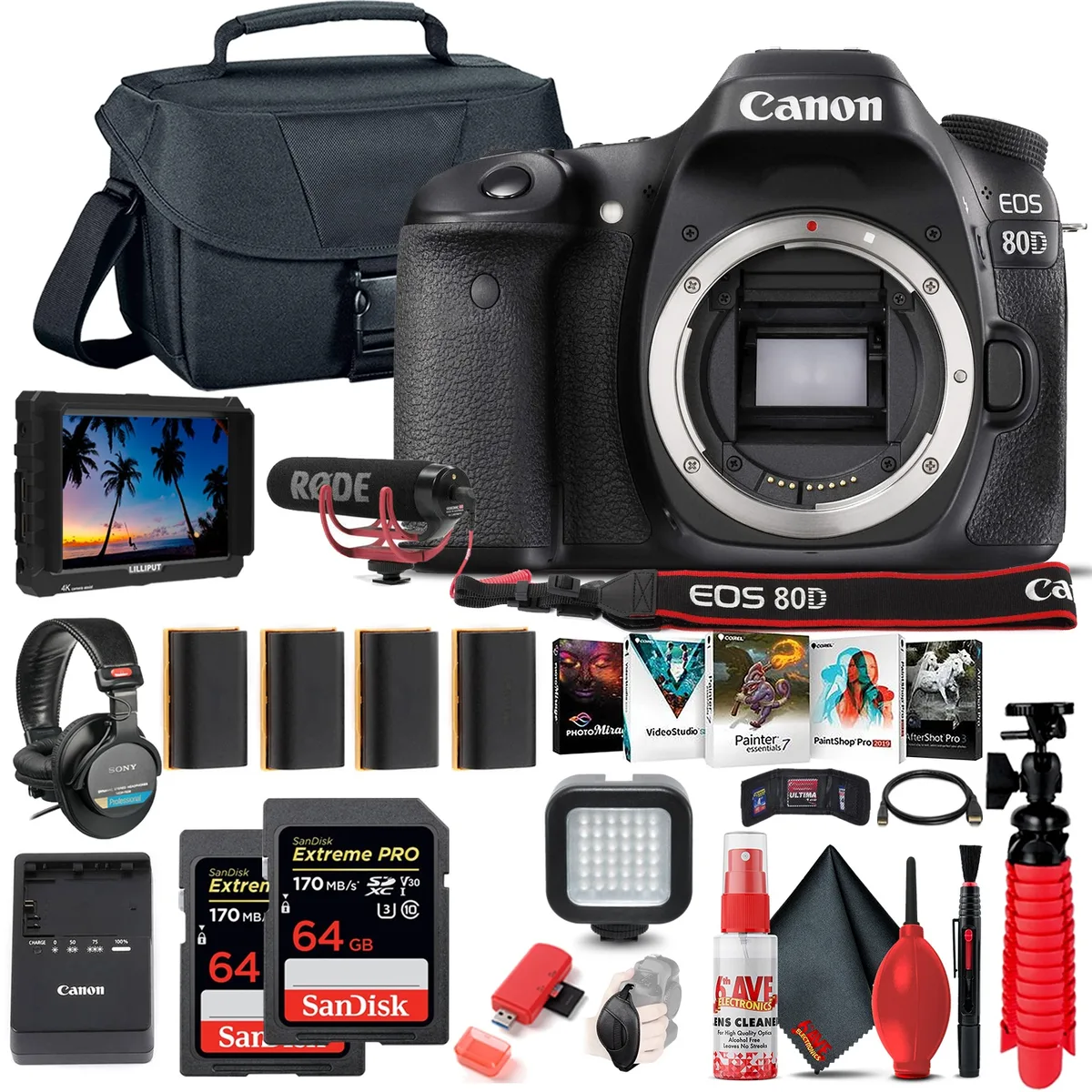 Canon Canon EOS 80D DSLR Camera 24.2MP Bundle with 7" Monitor, Mic, 64GB Cards, Tripod, Software — product photo