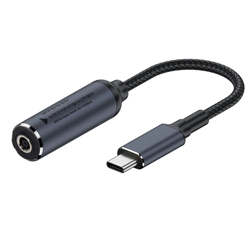 Short braided cable with DC 4.5×3.0 mm barrel plug to USB-C connector, 18 cm long
