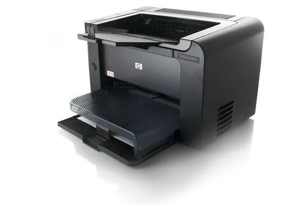 Compact rectangular laser printer in matte grey and black with front paper tray and top output bin