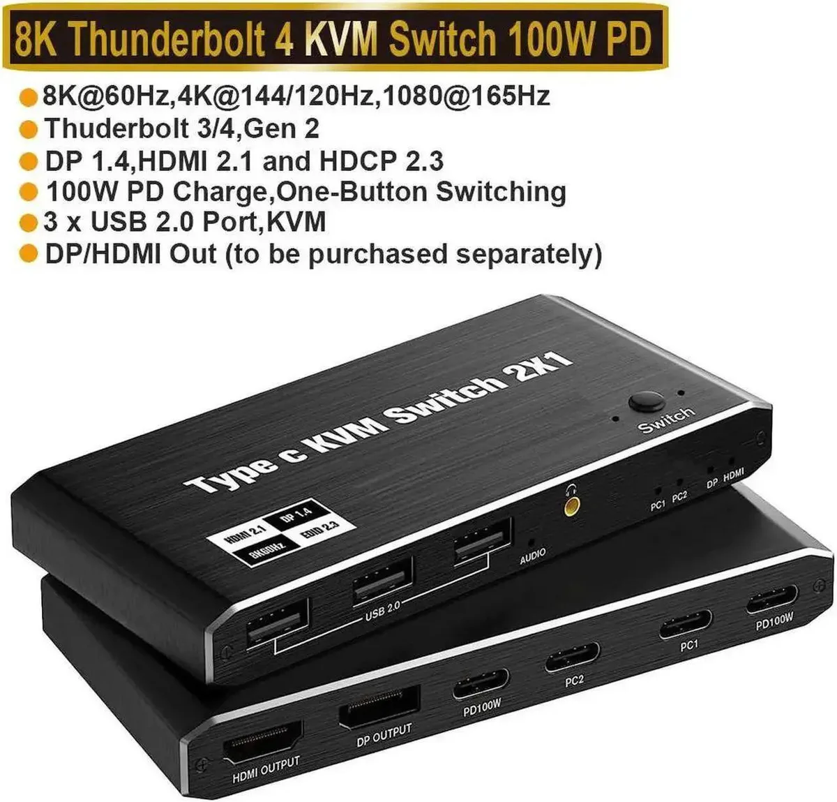 Vszerda Vszerda USB-C KVM Switch 8K 60Hz 4K 120Hz 2 Port 100W PD — product photo