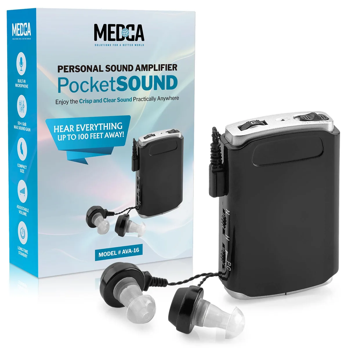 Black pocket sound amplifier with belt clip and two stereo headphone sets with microphones