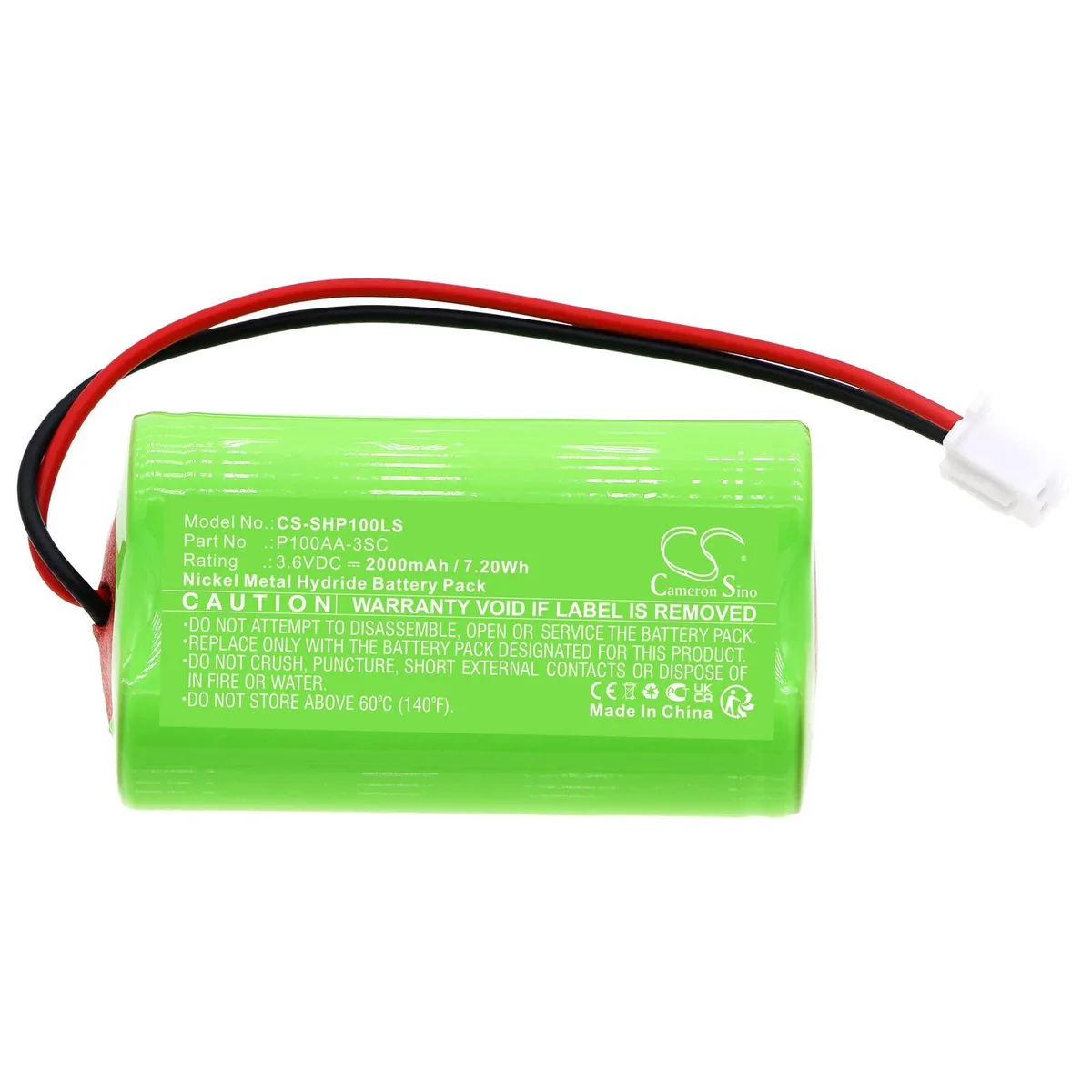 Cylindrical battery pack with label showing Cameron Sino branding and part numbers