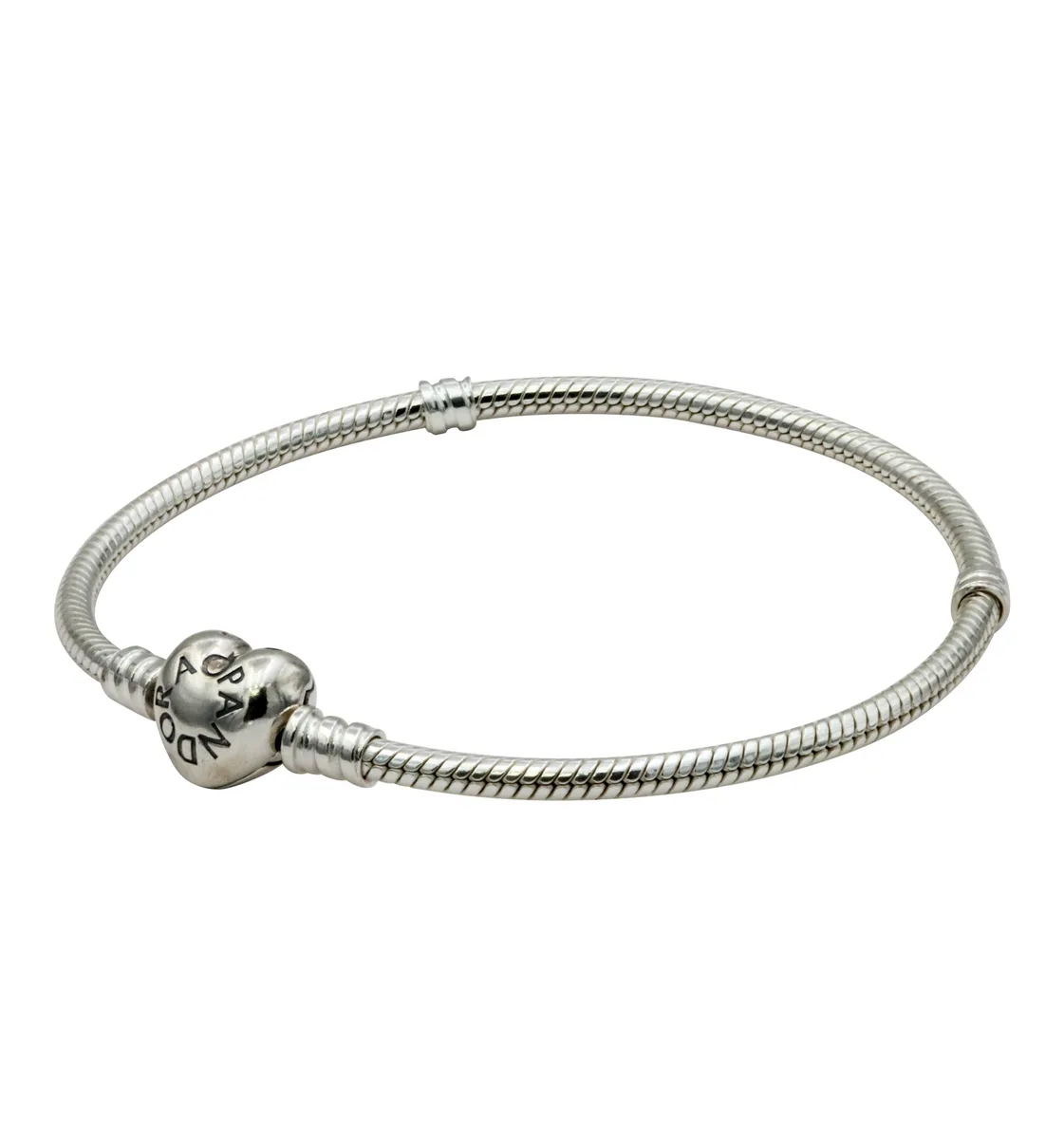 Sterling silver snake chain bracelet with heart-shaped clasp, 20cm