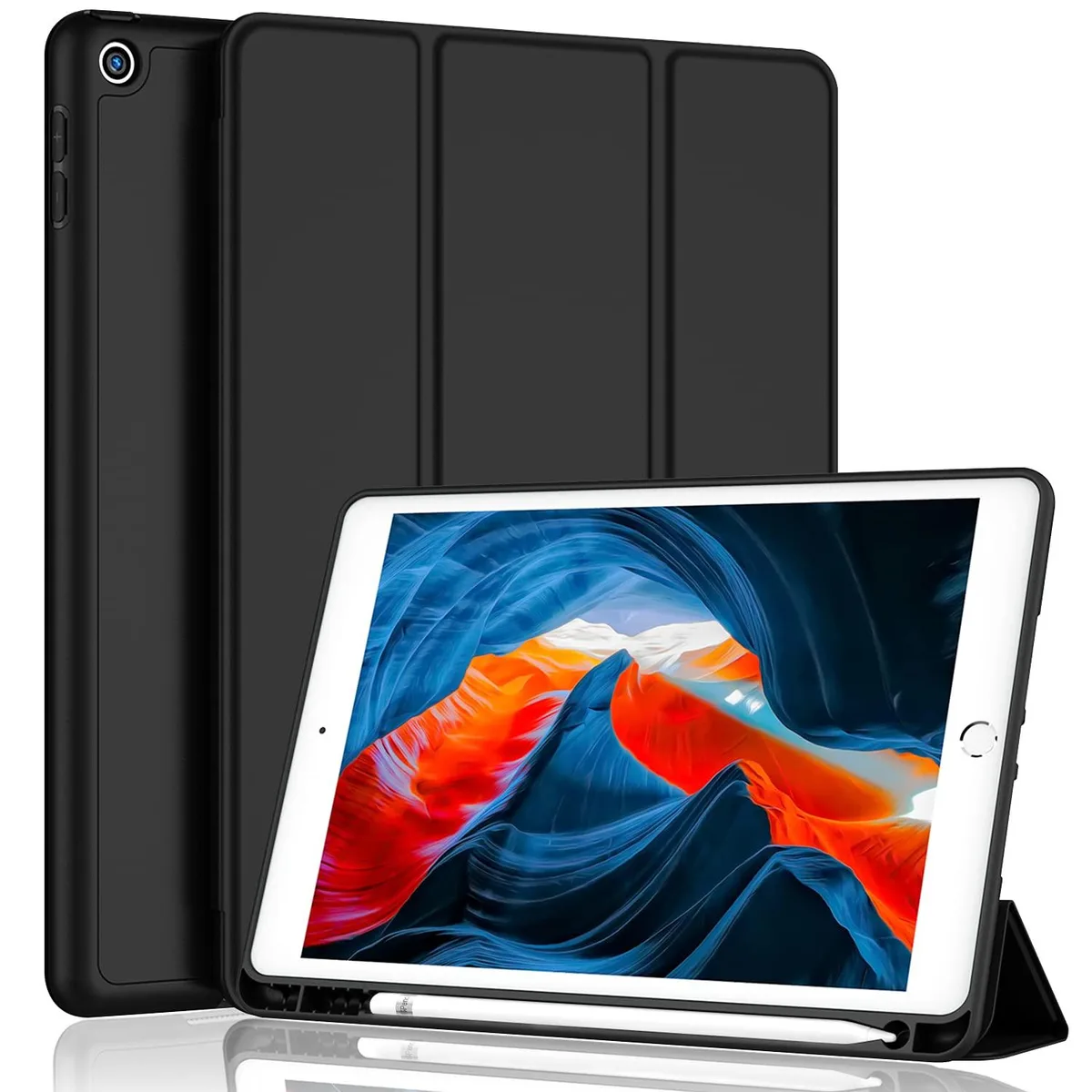Black iPad 10.2 inch case with soft silicone back and pencil holder