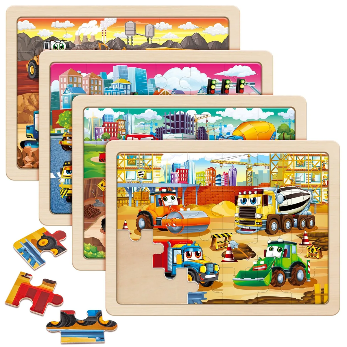  SYNARRY 4-in-1 Wooden Construction Vehicle Puzzles 24pcs 11.8x8.8in — product photo