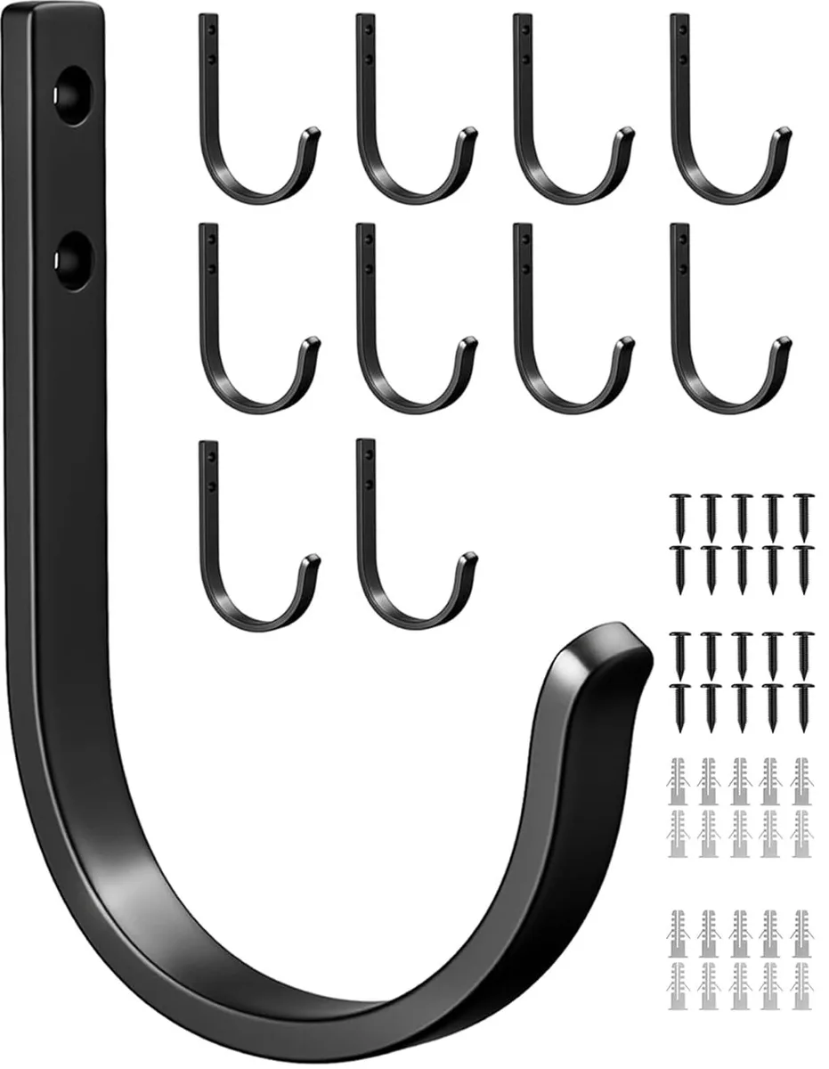 Ten black aluminum wall hooks in a row, each with a curved tip and mounting holes